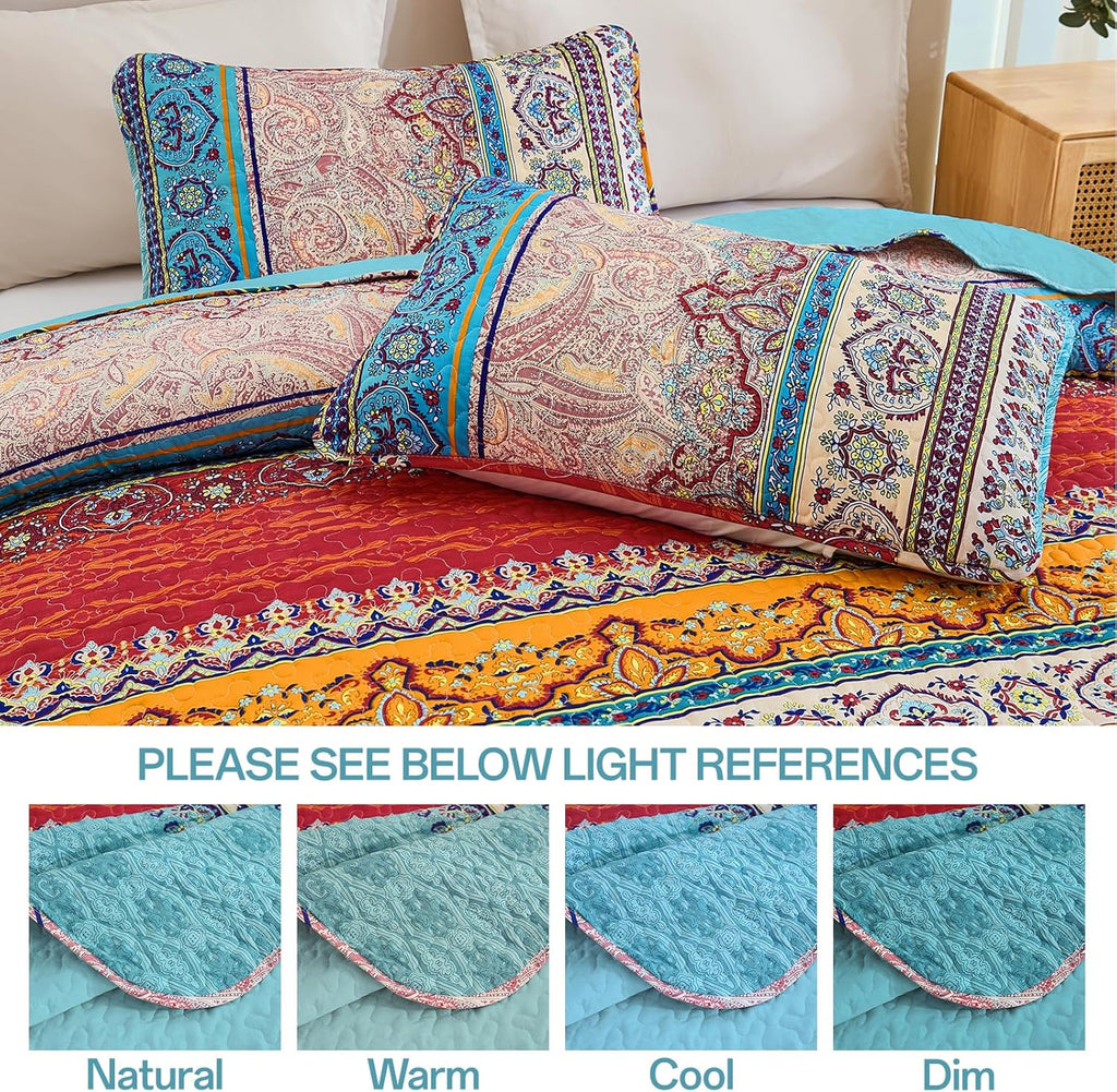 Bohemian Quilt Set Queen, Boho Striped Pattern Quilts Bedspread Set for All Season, Soft Microfiber Bedding Coverlet