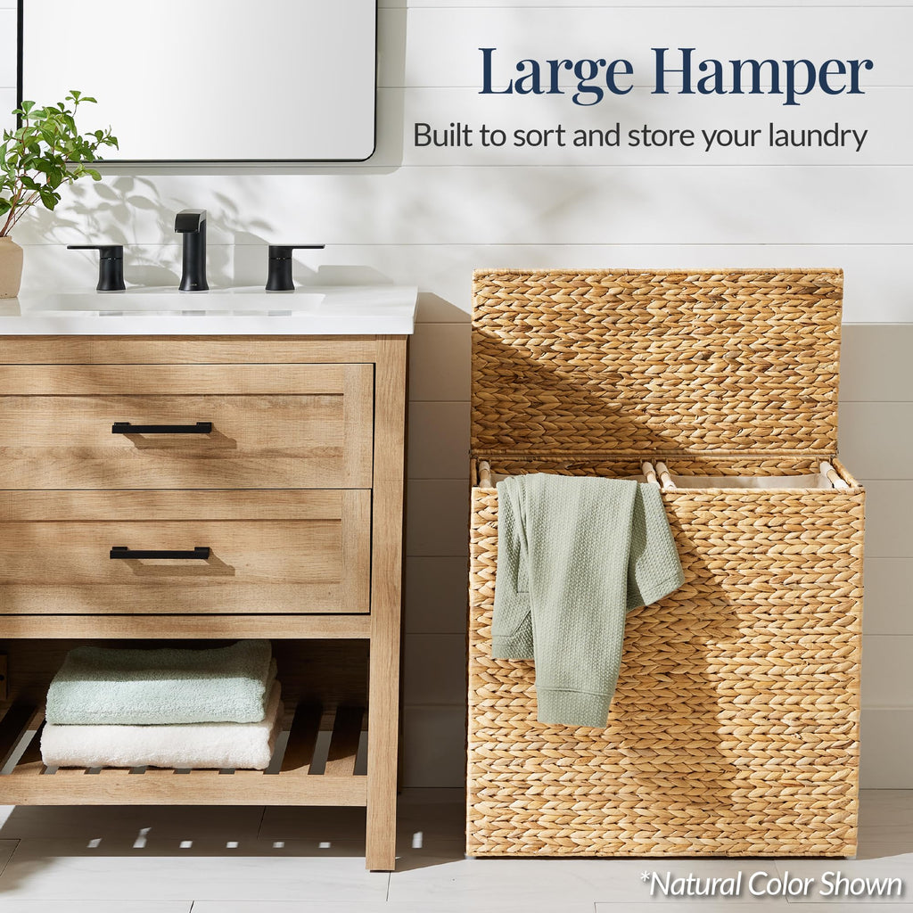 Large Laundry Hamper with Lid, Natural Handwoven Hyacinth Laundry Basket, W/Removeable & Washable Liner Bag