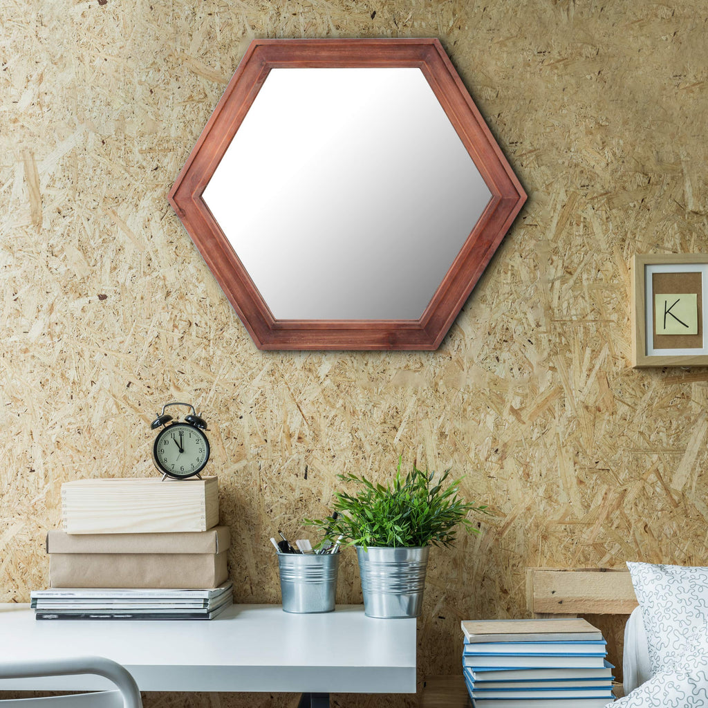 Decorative 24" Hexagon Wall Mirror with Redwood Frame and Attached Hanging Bracket, Decorative Country Rustic Decor