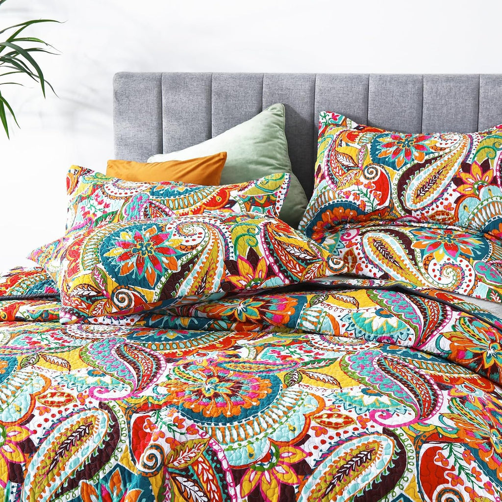 King Quilt Bedding Set, 100% Cotton Boho Bedspread, Vibrant Colorful Gorgeous Paisley Print Coverlet for Living