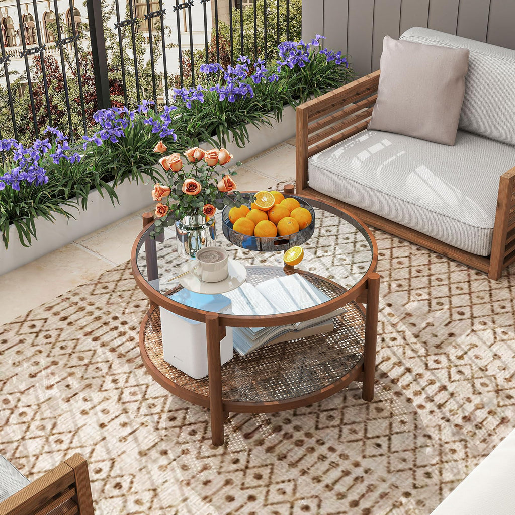 Rattan Coffee Table, Boho Round Glass Tea Table with PE Rattan Storage Shelf & Wood Frame, 2 Tier Accent Center Table