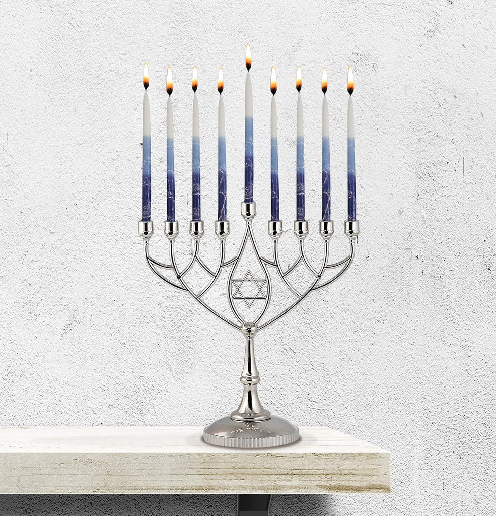 Traditional Classic Geometric Hanukkah 9" Silver Plated Chanukah Candle Minorah Fits Standard Hanukah Candles