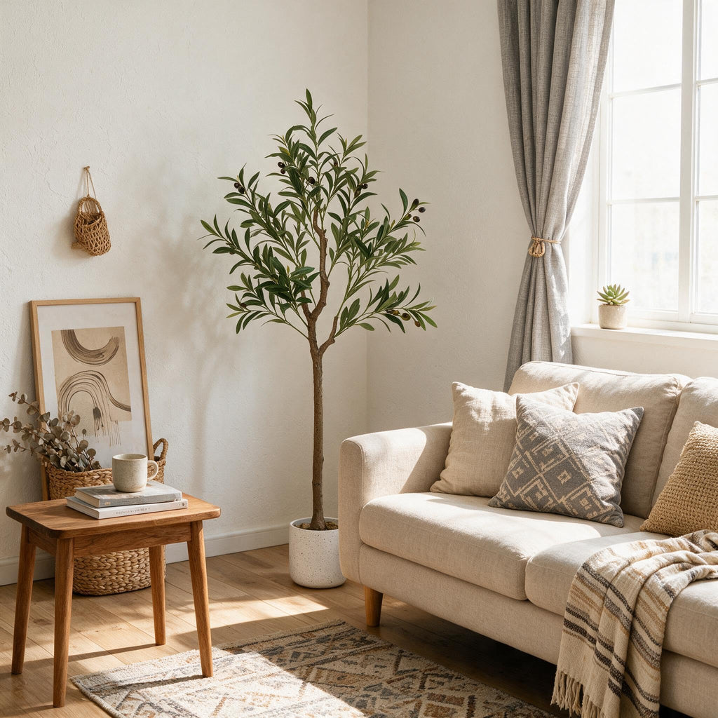 4FT Faux Olive Tree, Indoor Artificial Potted Olive Tree with White Planter, Lifelike 14 Fruits and Realistic Leaves