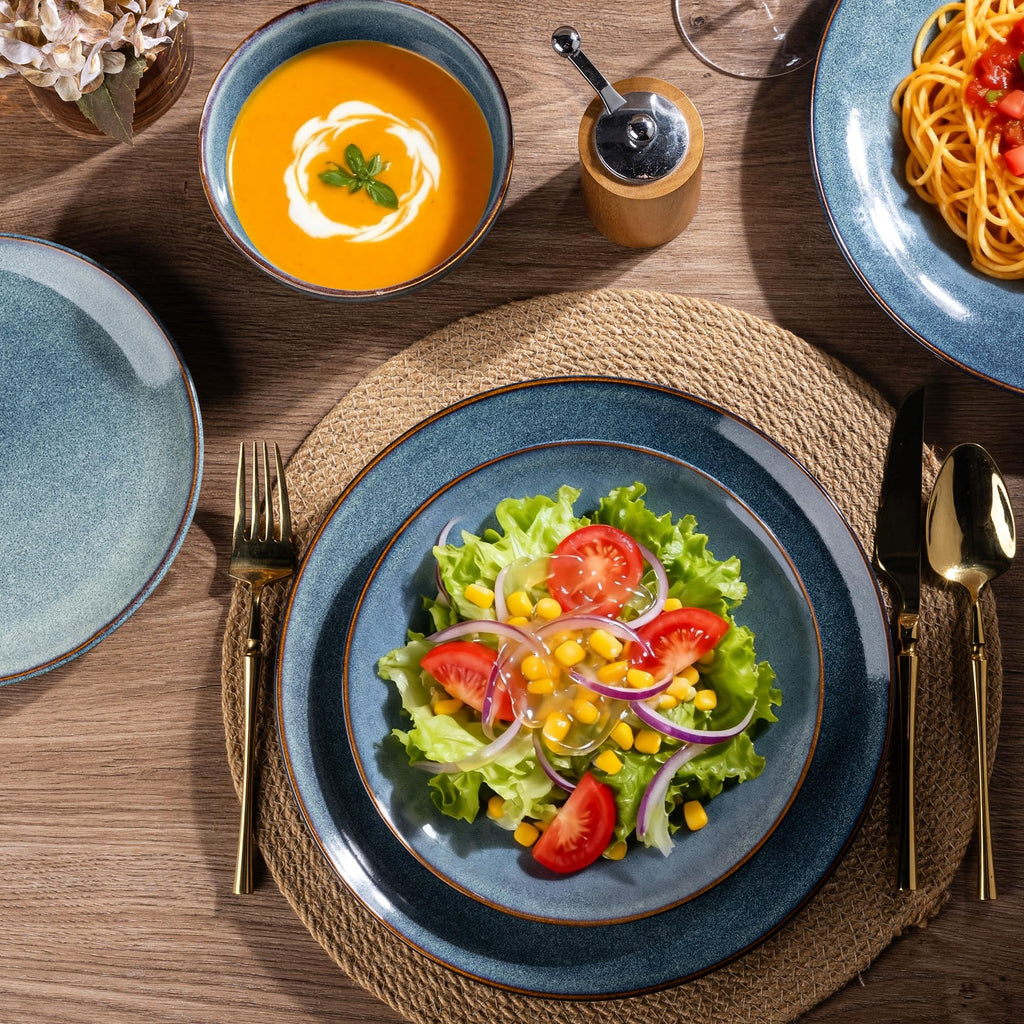 Ceramic Dinnerware Sets for 4, 12 Pieces Handpainted Plates and Bowls Set, Scratch Resistant Stoneware Dishes Set