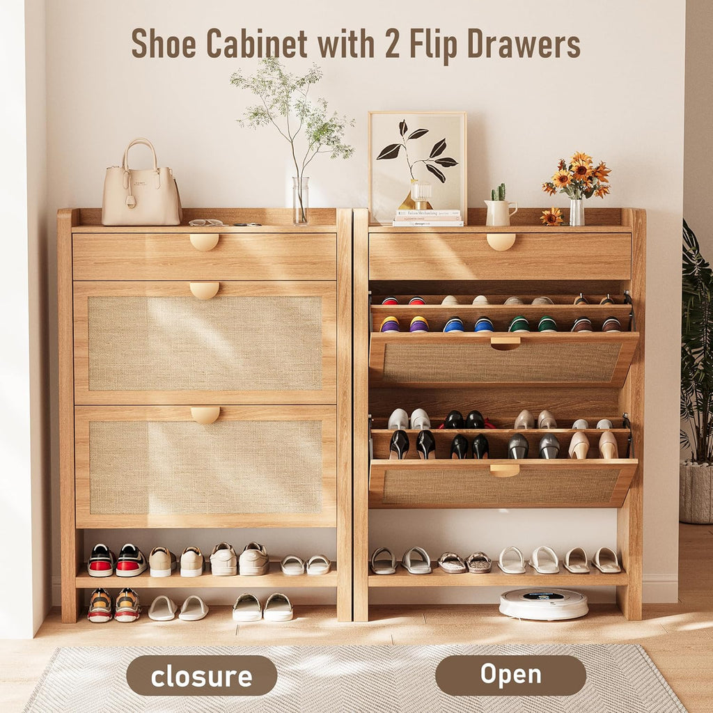 Rattan Shoe Storage Cabinet, Shoe Organizer with 2 Flip Drawers, Narrow Shoe Cabinet, Free Standing Hidden Shoe