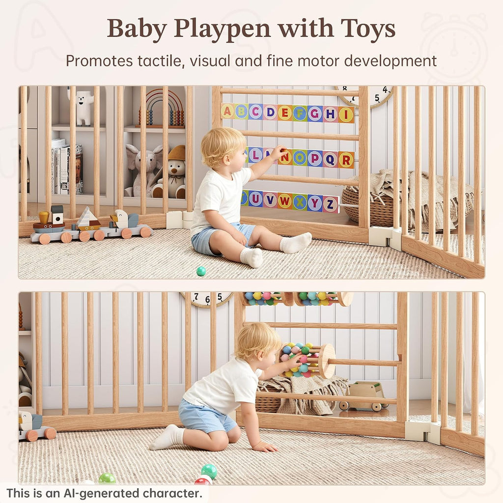 Wooden Baby Playpen, 8-Panel Foldable Play Yard with Built-in Toys | 54 x 54 x 24 in Large Adjustable Baby Fence with