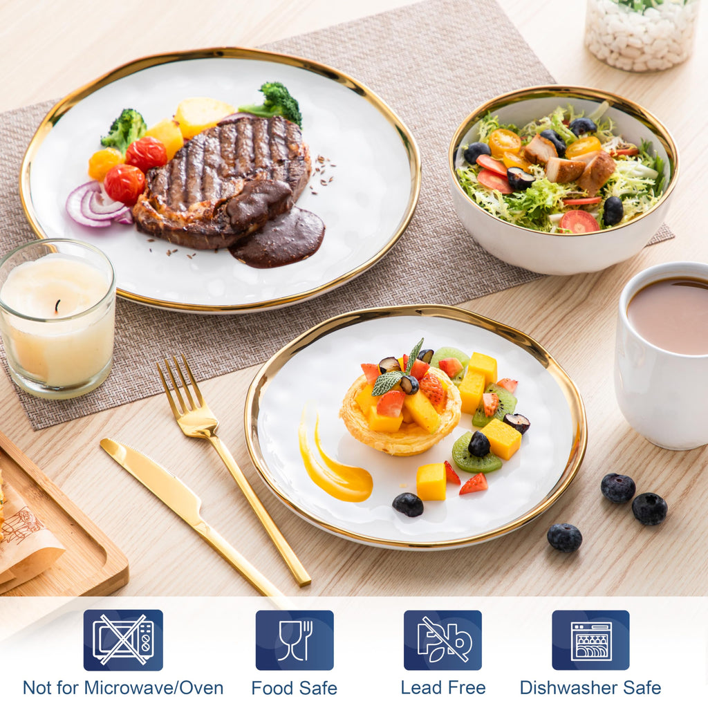 16 Pieces Plates and Bowls Sets, Porcelain White and Gold Dinnerware Sets, Round Dinner Plates Dishes Set Service
