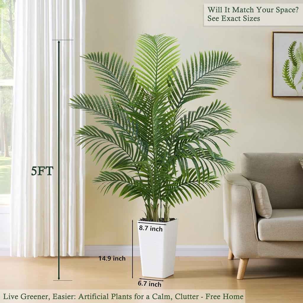 Artificial Palm Tree:5FT Tall Fake Areca Palm Plant (White Planter)