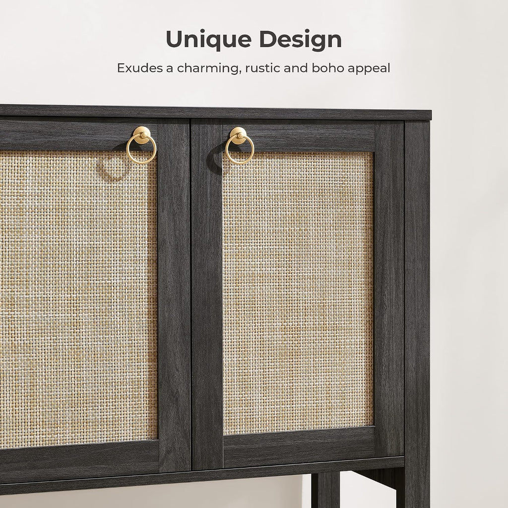 Sideboard Buffet Cabinet with Rattan Doors, 55" Boho Coffee Bar Cabinet with Open Shelf