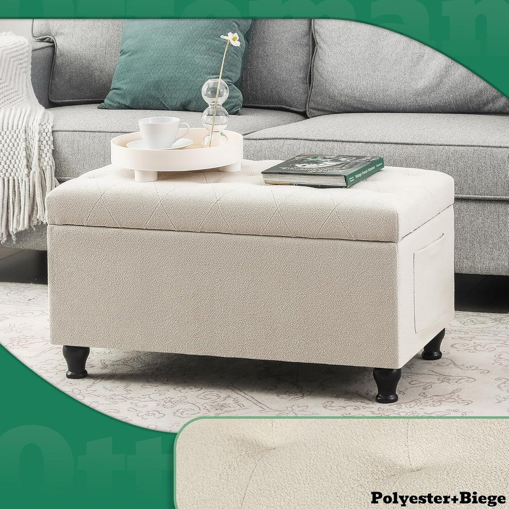 32'' Beige Fabric Upholstered Ottoman Storage Bench | Upholstered Ottoman with Storage , Entrance Foot Rest Stool