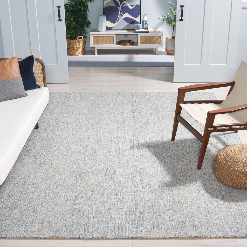 Abstract Area Rug - 10' x 14', Ivory & Blue, Handmade Wool