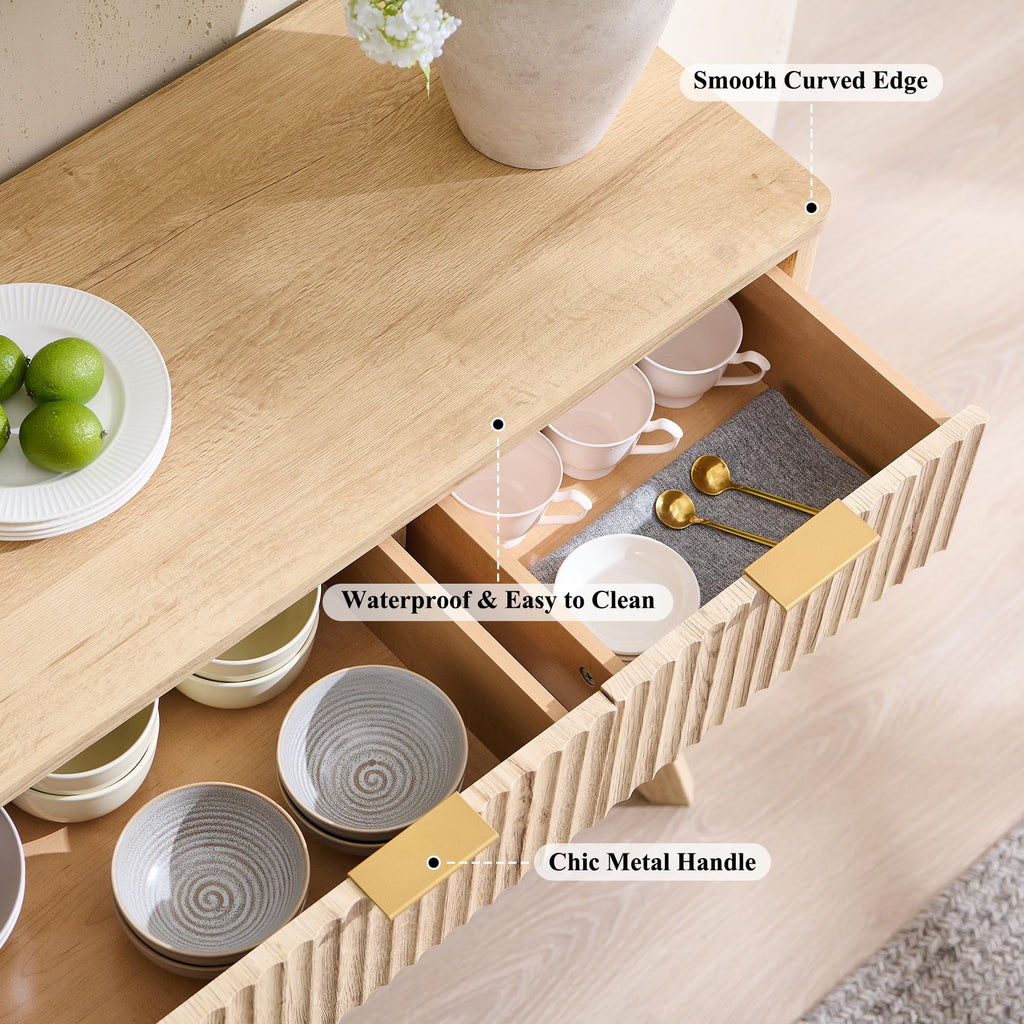 60 Inch Fluted Buffet Sideboard Cabinet, Natural Oak