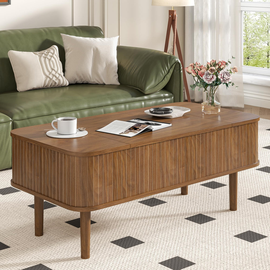 Fluted Lift Top with Storage, Mid Century Modern Small Space, 39.4" Fluted Center Table (Rectangle-Walnut, 39.4inch)
