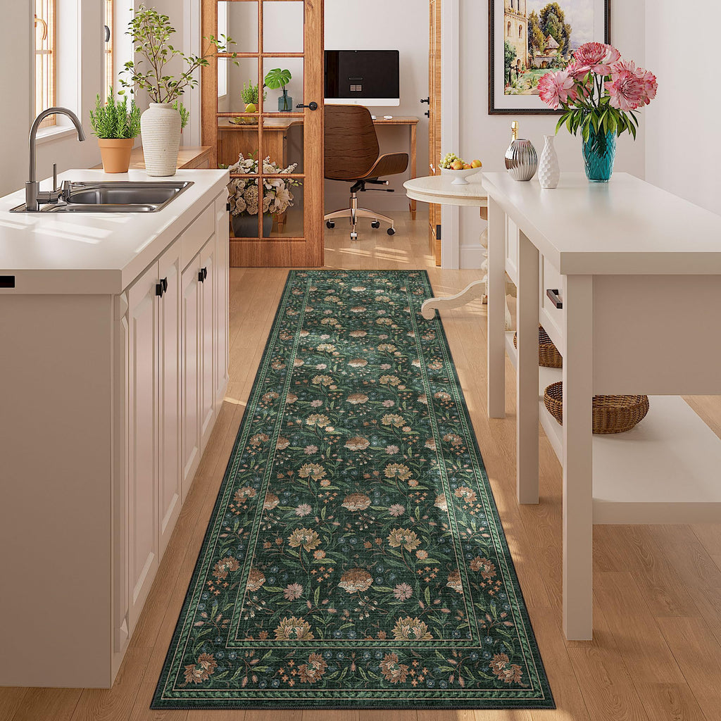 2.6x8 Runner Rug, Washable Vintage Floral Kitchen Runners Rug, Green