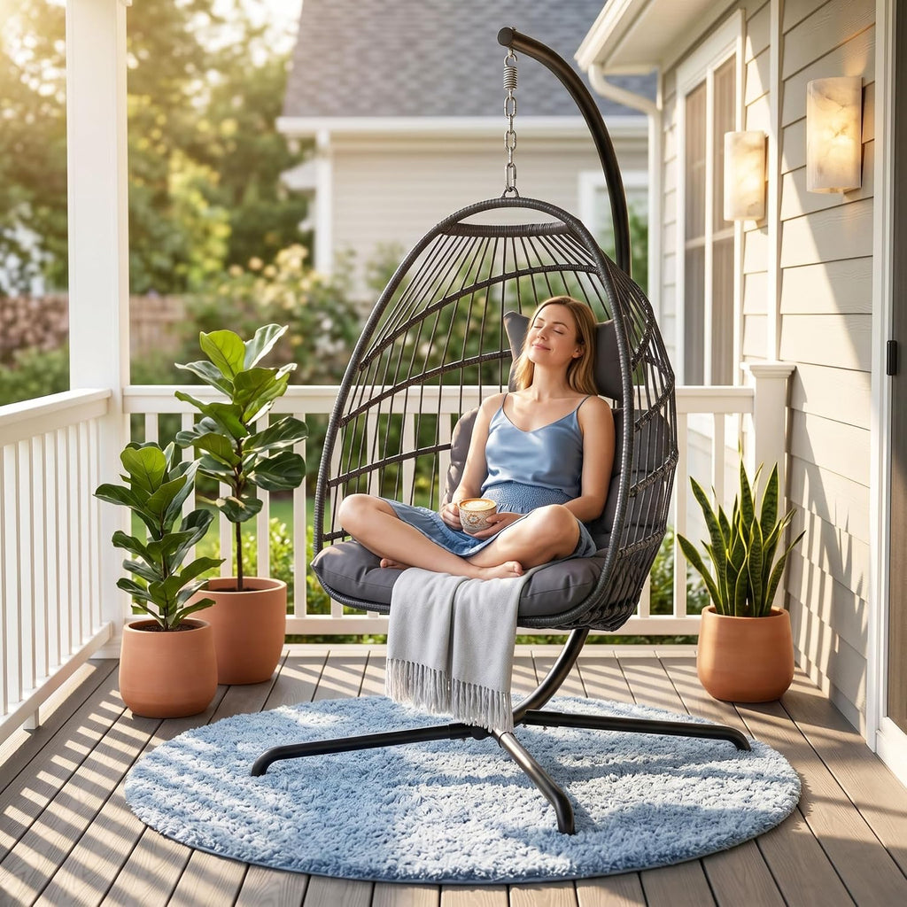 With Stand, Foldable Hanging Egg Chair Outdoor | 350 Lbs Heavy Duty, Foldable, PE Rattan Wicker Egg Swing Chair