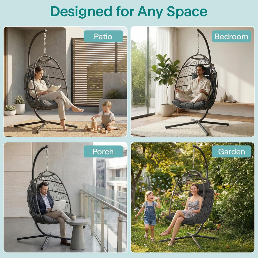 Hanging Egg Chair with Stand - Wicker Rattan Outdoor Swing Chair, Powder-Coated Steel Frame, Padded Cushion &