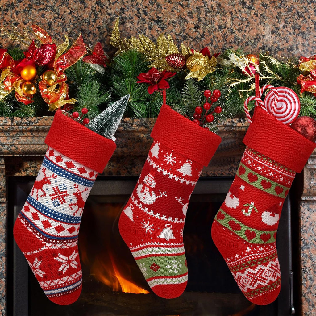 Inch Christmas Stockings Bulk Knit Large Stockings Christmas Knitted Rustic Holiday Tree Reindeer Snowflake - Set of 6