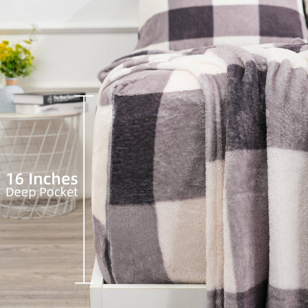Micro Fleece Checkered Bed Sheet Set - Ultra-Soft Velvet Plush Bed Sheets with Deep Pockets, No Pilling, Cozy