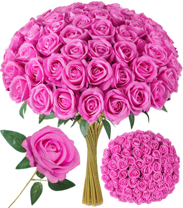 50 PCS Pink Roses Artificial Flowers with Long Stems, Hot Pink