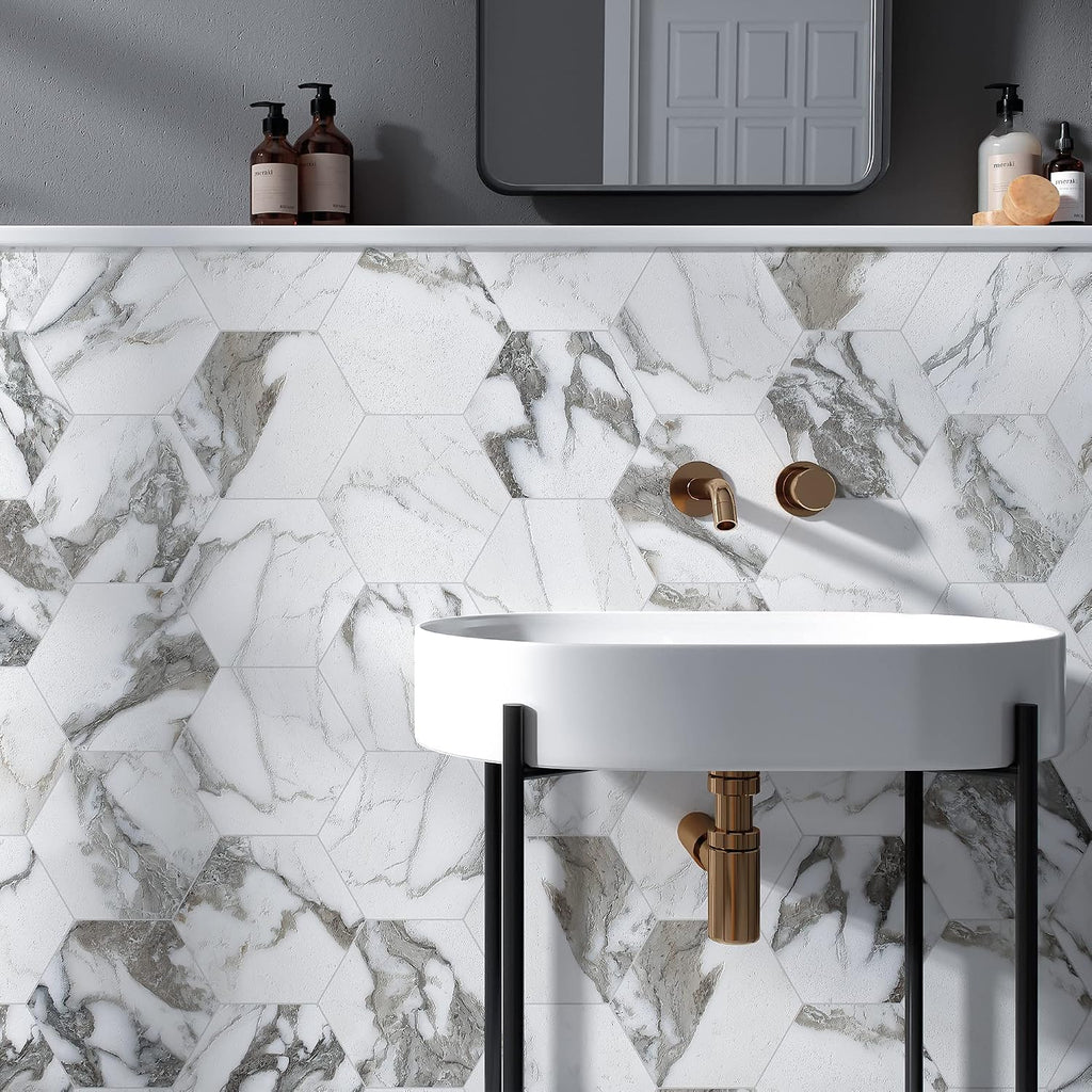 Marble Look Calacatta Majestic 7.7" x 8.9" Hexagon Porcelain Patterned Wall & Floor Tile (1 Box (9.05sqt))