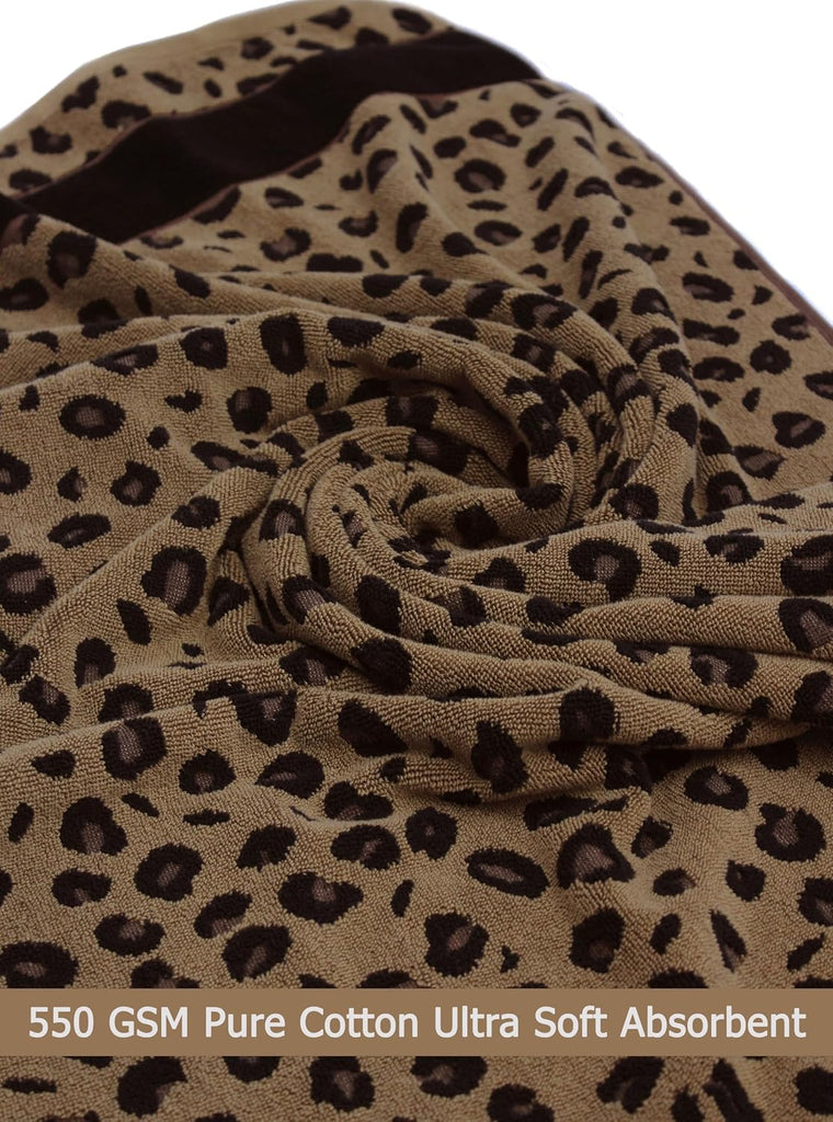 6 Piece Towel Set - 100% Cotton Animal Print Safari Towels | Soft Absorbent Leopard Cheetah Jacquard Bathroom Towels