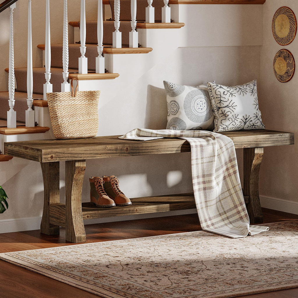 Solid Wood Storage Bench, Farmhouse Entryway Bench, Long Indoor Dining Seat, Easy Assembly, Dark Brown