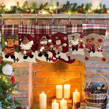 Vintage Christmas Stocking 6 Pack 18 Inches with 6 Pieces Zinc Alloy Stocking Holders Fireplace Adjustable Holders