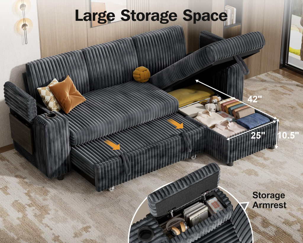86" Modular Sectional Sleeper Sofa with Pull Out Bed, 3 Seat Plush Corduroy L Shaped Couch with Storage Chaise|USB