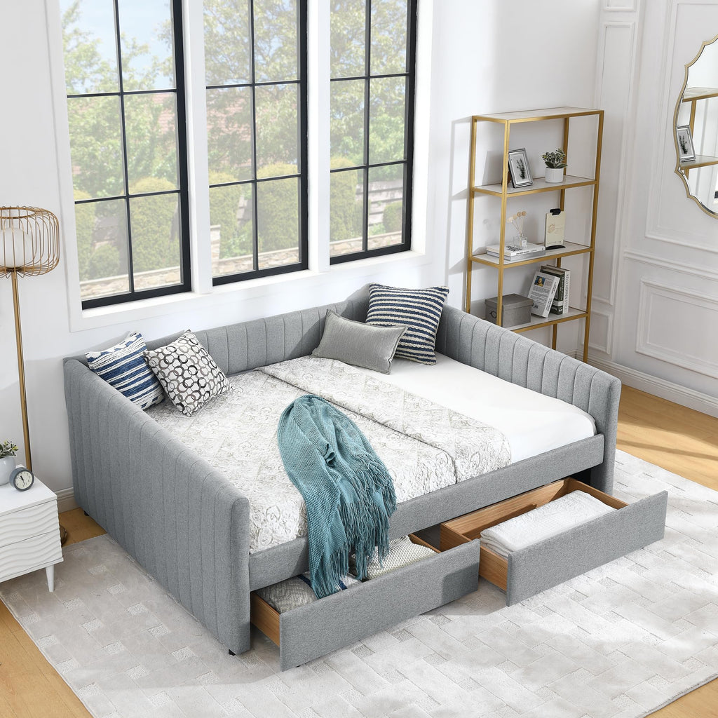 Queen Size Linen Upholstery Daybed with 2 Drawers, Modern Tufted Corner Sofa Bed Frame with Solid Wooden Slats, Easy