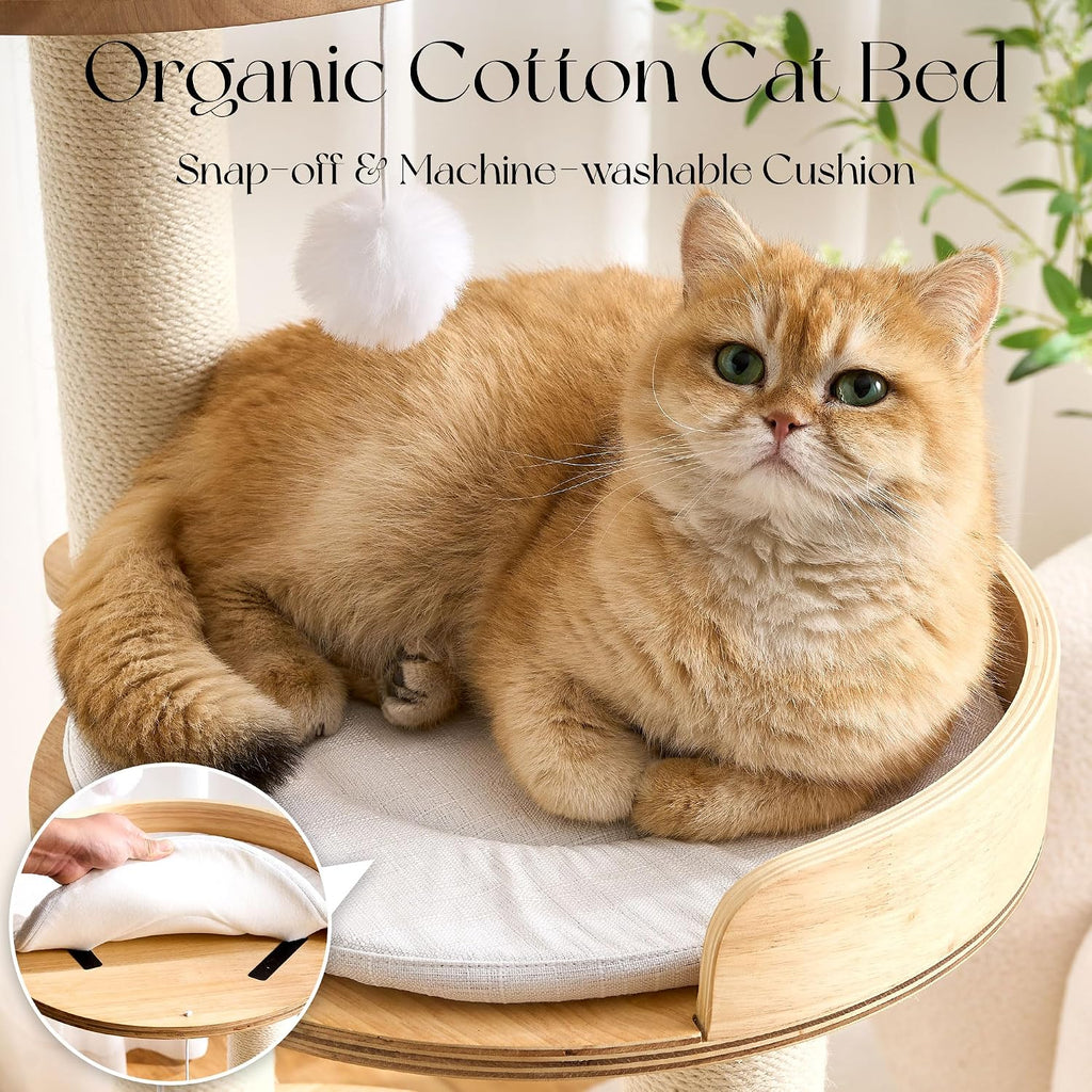 Modern Solid Wood Cat Tree Tower, 49" Tall Cat Tree with Sisal Scratching Posts for Adult Cats, Luxury Natural Oak