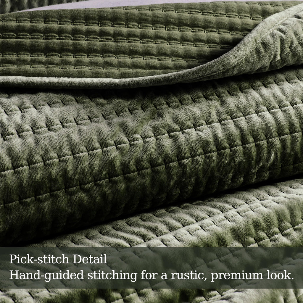 Velvet California Oversized Quilt Set - Olive Green Striped Pick Stitch Soft Lightweight Bedspread