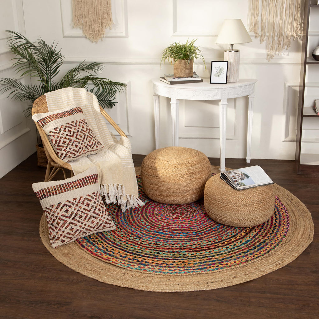 Jute Circular Pouf Ottoman Foot Stool - Jute Natural, Set of 2