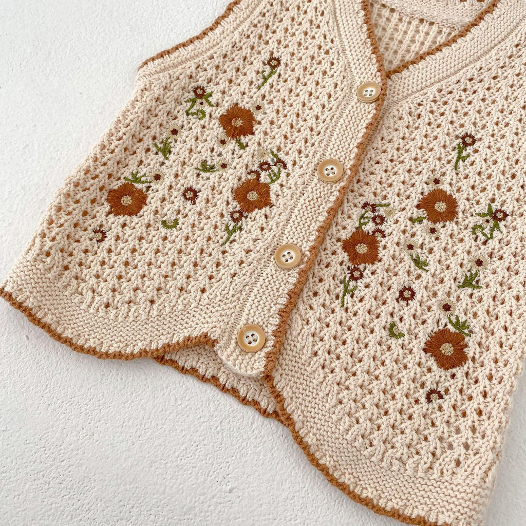 Baby Girls Embroidered Cotton Vintage Sweater Vest Knitted Cardigan
