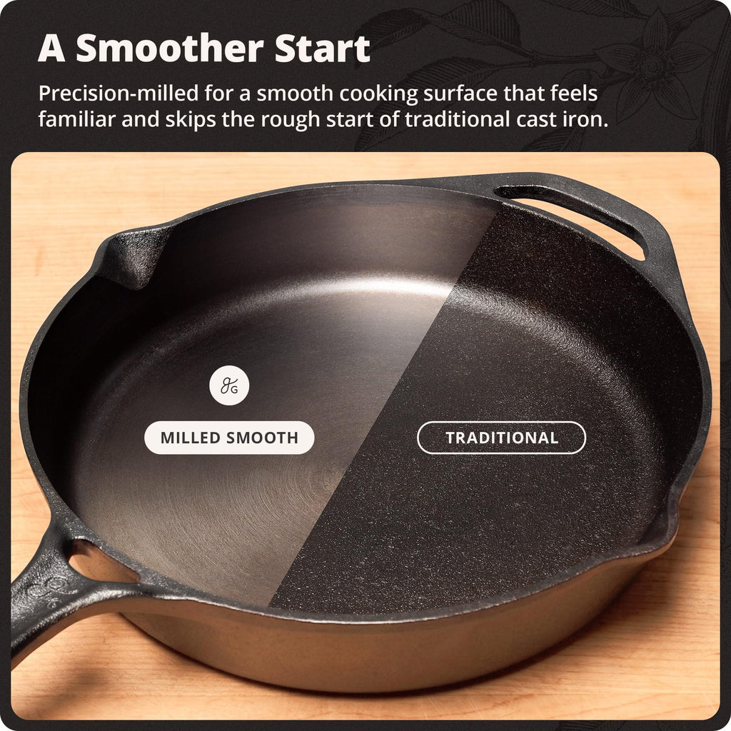 12" Cast Iron Skillet, Smooth Surface, Nonstick-Like Release