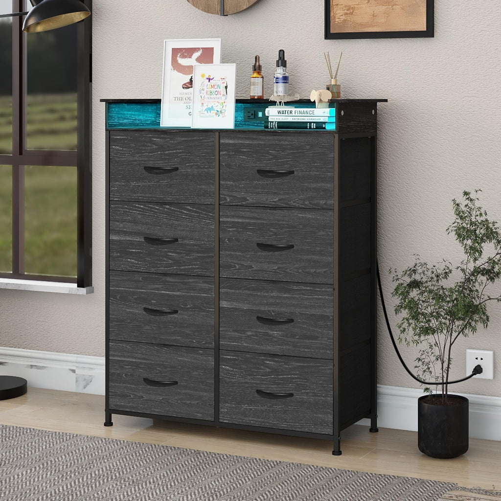 Fabric Dresser with LED Light and Charing Station Tall Dressers with 8 Drawers Black Dresser & Chest of Drawer for