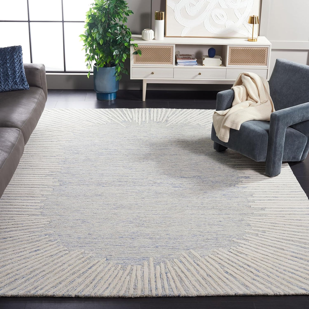 Abstract Area Rug - 10' x 14', Blue & Ivory, Handmade Wool