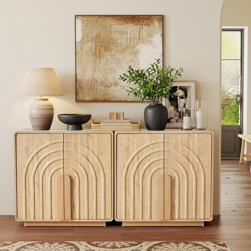 Storage Cabinet with Arched Fluted Door Design, 2 Door Modern Accent Sideboard Buffet Cabinet with Rounded Edges