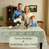 CPC Block Print Tablecloth Agate Green 90"x60" Rectangular 100% Cotton Reusable Table Cover, Everyda
