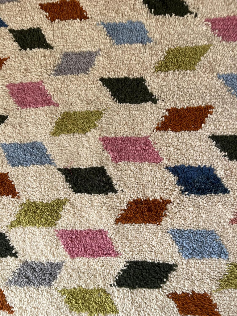 Handmade Moroccan Berber Wool Rug 6' x 9', 100% Wool High Pile Shag, Ivory/Cream with Multicolor Diamond Motifs