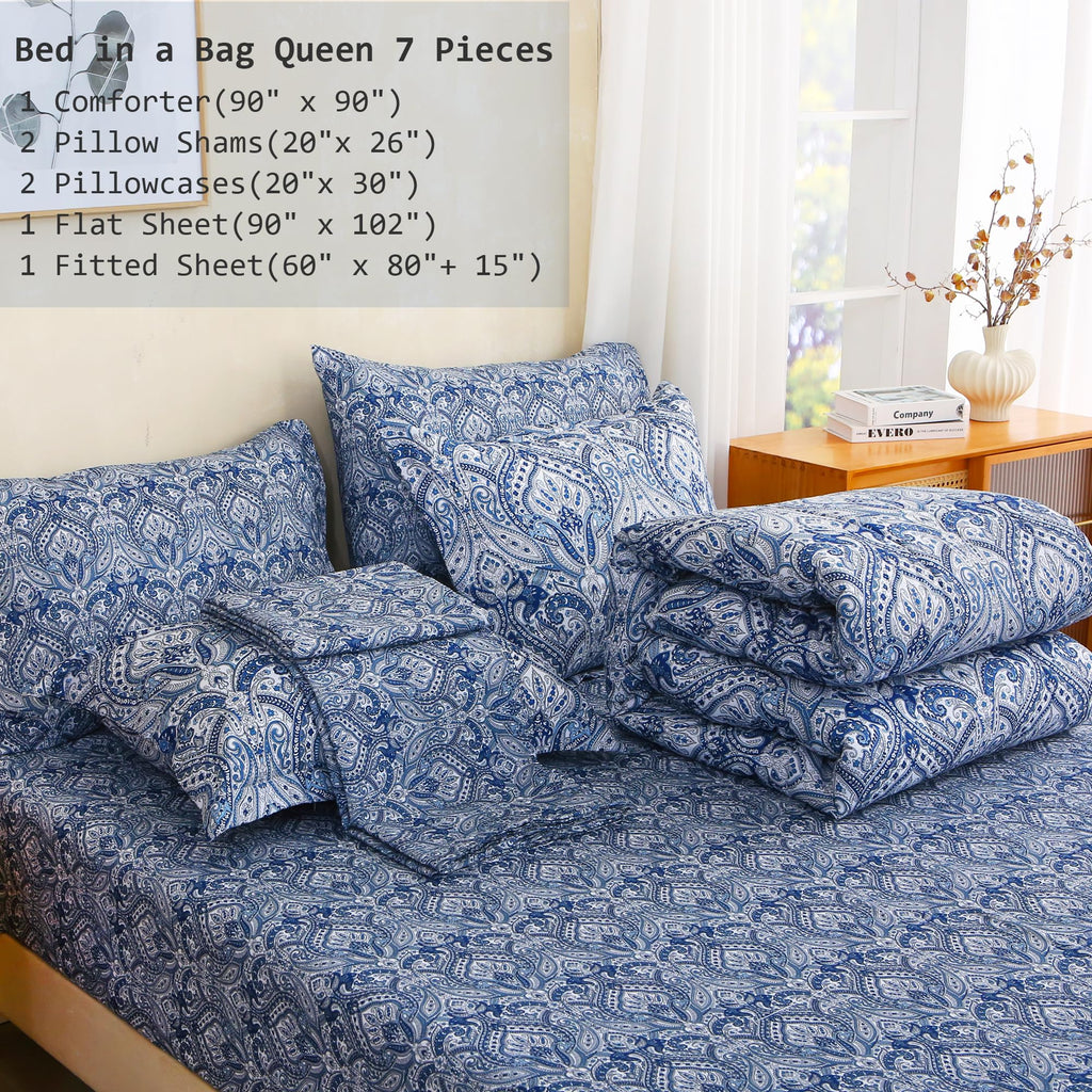 Floral Comforter Set with Sheets, 7 piece Luxury Vintage Bedding, Soft Microfiber Bed in a Bag, Cozy