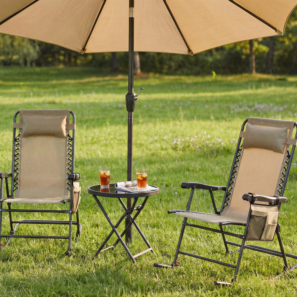 Patio Rocking Chair Folding Camping Chair with Pocket, Beige