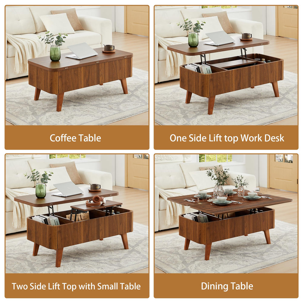 3 in 1 Lift Top Coffee Table, Fluted Convertible Coffee Tables Converts to Dining Tables, Modern Oval Wooden Center