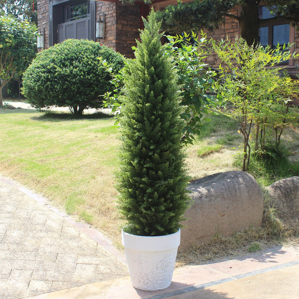 4ft Artificial Cedar Trees Artificial Topiary Trees Set of 2 Faux Cypress Plants UV Resistant Potted Bushes Faux