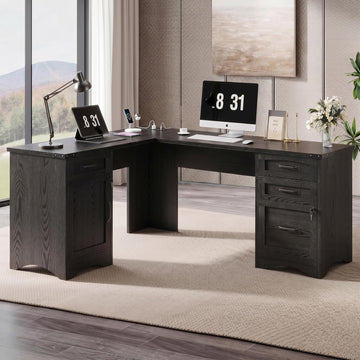 67" Farmhouse L Shaped Standing Desk with Drawers Home Office Executive Desks with Fast Charging Station, Lockable