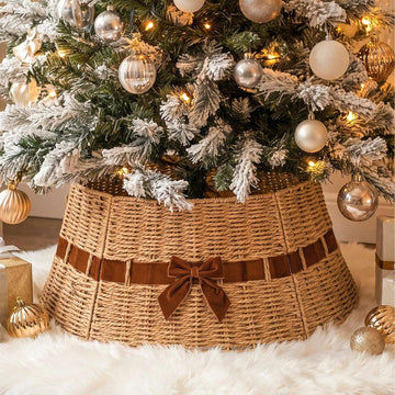 Wicker Christmas Tree Collar with Brown Velvet Bow 23.6 Inch