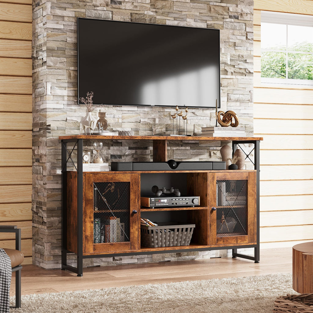 TV Stand 55 inch TV, Tall Entertainment Center with Storage, Farmhouse Industrial TV Console Living Room, Rustic Brown
