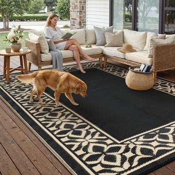Outdoor Rug Black Beige Geometric