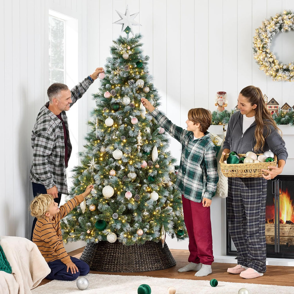 7.5ft Pre-Lit Scotch Pine Christmas Tree, Premium Frosted Pre-Decorated Artificial Holiday Decor w/ 1,320 Branch