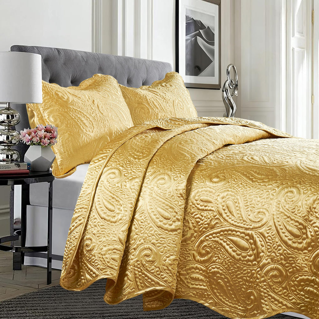 Quilted Satin Bedspread Set - 3-Piece Luxury Reversible Bed Cover, Silky Soft Shiny & Lightweight Quilt for