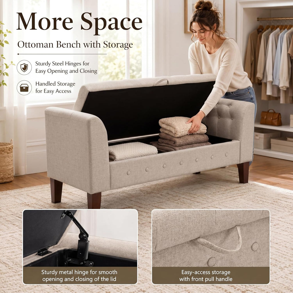 Upholstered Storage Bench with Arms Ottoman Bench Entryway Living Room Khaki